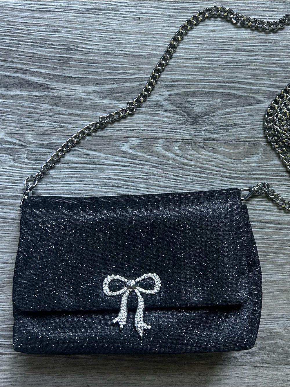 Victoria's Secret Black Sparkle Crossbody Clutch with Crystal Bow Accent